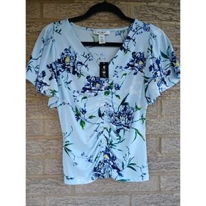 NWT WHBM Women's Blue Gia Floral Cool Sky Ruched Front Shirt Size XXS